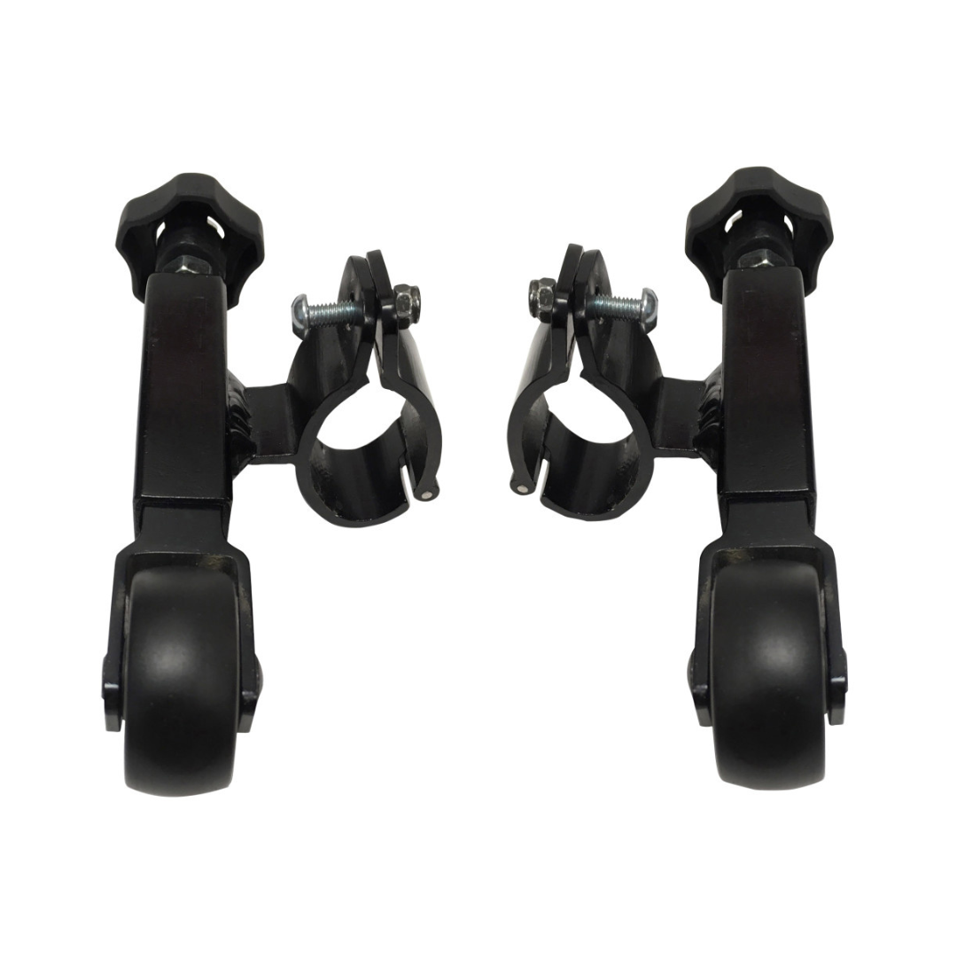 Drive Slow-Down Brakes for Airgo eXcursion & Fusion Models provide enhanced stability and control, similar to training wheels with adjustable clamps, featuring reliable mounting hardware facing forward for added balance support.